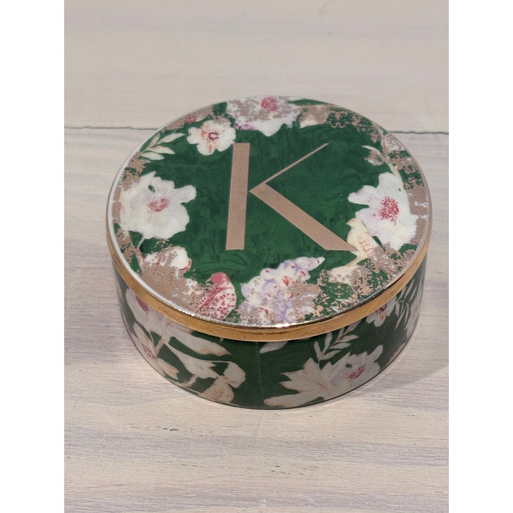 Anthropologie Monogram Letter K Floral Ceramic Trinket Dish Box Gold‎ Green 3in